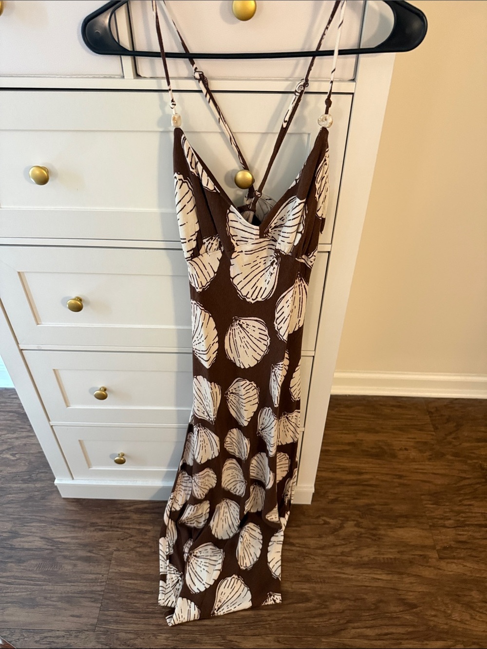 Brown and White Shell-Print Slip Dress